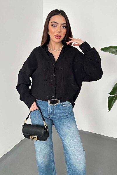Clothes Fast Women's Black Shirt with Collar Texture, Oversize Long Sleeve Bu...