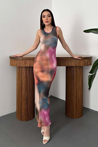 Clothes Fast Women's Beige Maxi Dress, Crew Neck, Sleeveless, Tie-Dye Pattern...