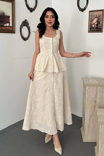 Clothes Fast طقم تنورة وبلوزة نسائية باللون البيج، مزين بالدانتيل والتطريز، م...