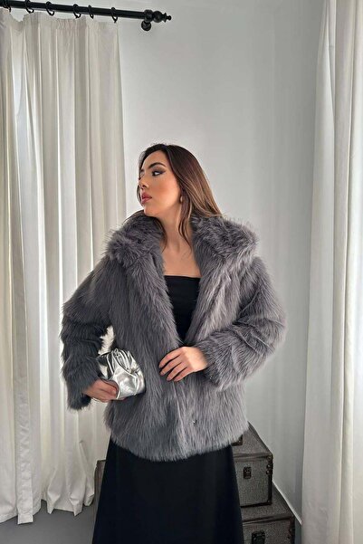 Moda Days Jachetă de damă din blană artificială antracit, cu guler de blană, ...