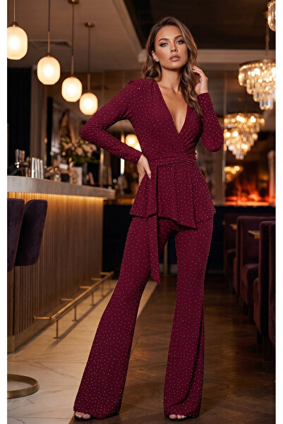 Elif Naz Moda Evi bordo taşlı pantolon bluz takım