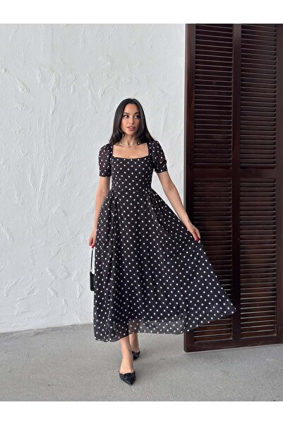Moda Days فستان ماكسي نسائي أسود من الشيفون المنقط بياقة مربعة وأكمام بالون و...