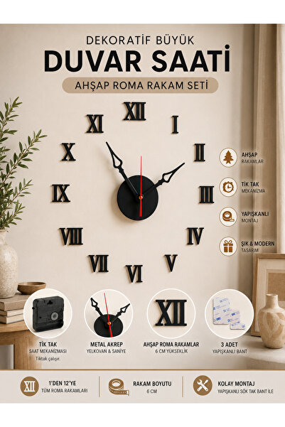 cekud tasarım baskı Dekoratif Büyük Duvar Saati Ahşap Roma Rakam Seti Yapışka...