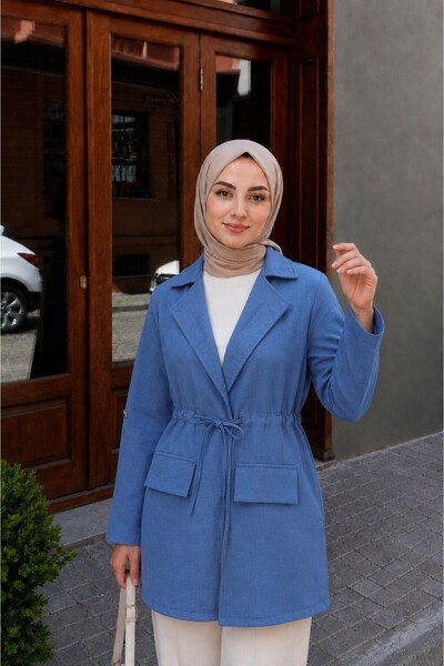 Lunfia Bağcıklı Cep Detaylı Keten Kimono - İndigo