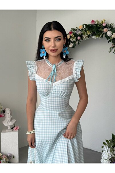 Moda Days فستان نسائي أزرق متوسط الطول بنقشة منقوشة وياقة دانتيل وأكمام مكشكشة