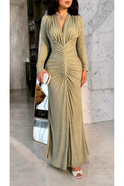 Generic Shiny Evening Dress with Front Pleats and Drop Collar