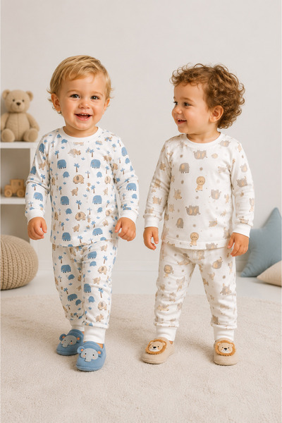 mini kanka Baby Boy 0-3 Years Old 100% Cotton Long Sleeve Pajama Set Double Set – Soft Sleepwear with Elephant & Safari Animals Pattern