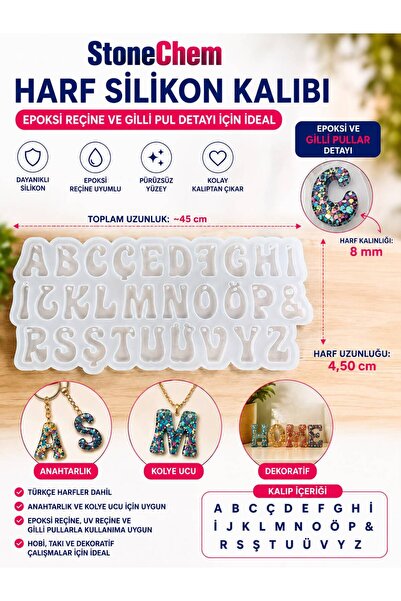 stonechem Türkçe Harf Silikon Kalıbı 45 cm – Epoksi Reçine Alfabe Harf Kalıbı...