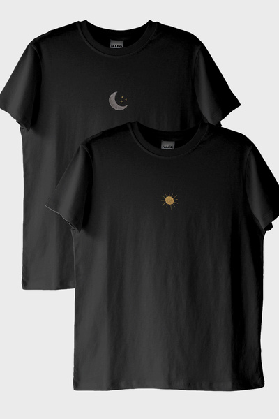 lofux Moon and Sun Patterned Embroidered Double Combination Black T-Shirt