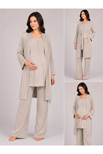 şanal çeyiz Fey.za 5205 Kadın Lohusa Pijama - Sabahlık Takımı 3'lü Takım
