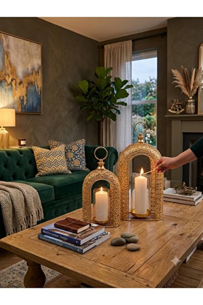 mysecrethome Lüks Gold Metal Fener Mumluk Seti - 2'li Camlı Dekoratif Şamdan