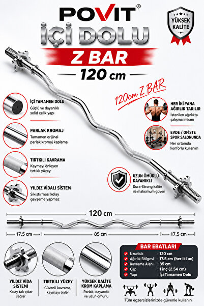 Krom İçi Dolu Z Bar 120 cm - Parlak ve Dayanıklı Krom Kaplama - Kaymayı Önleyen Tırtıklı Yüzey