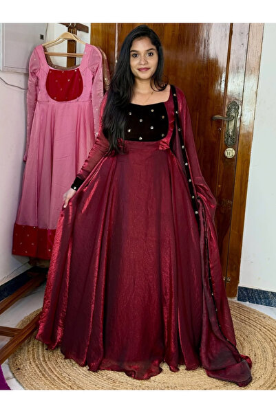 MYSMAR Maroon Fendy Silk Embroidered Gown with Dupatta - FFT8093 | Maroon-Siz...