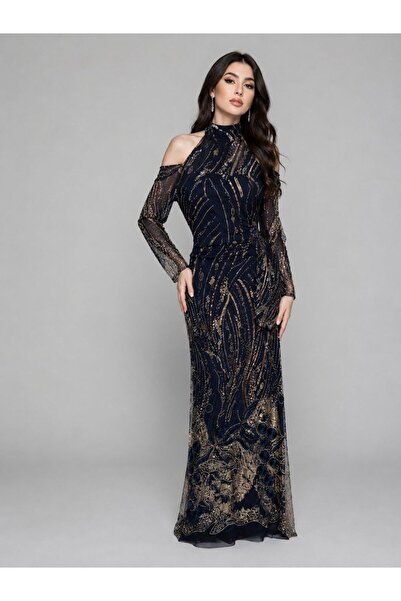 ranin Black Jacquard Evening Dress with Beaded Embroidery