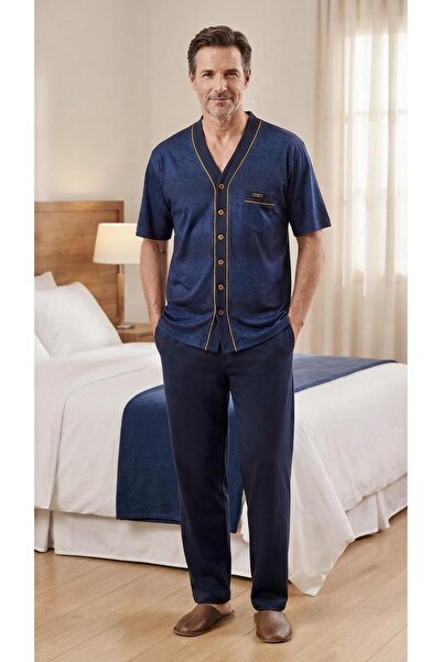 KLY PİJAMA Kly 2227 100% Cotton Buttoned Collarless Half Sleeve 3-Piece Pajam...