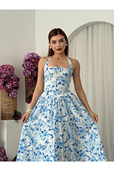 Clothes Fast فستان نسائي متوسط الطول بياقة هالتر وطبعة زهور زرقاء وخصر مطاطي