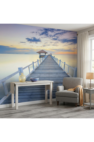 DecorDrive Açık Mavi Deniz ve Ahşap İskele Manzaralı Duvar Kağıdı