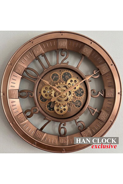 Han Clock Hareketli Çarklı Duvar Saati Antik Bakır 60cm - (Plastik)