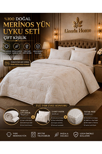 Linnda Home %100 Merinos Yün Çift Kişilik Uyku Seti – 195x215 Yorgan, 2 Adet ...