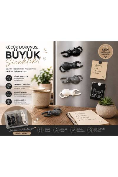 AYSTAR 4 lü Sert Plastik Mıknatıslı Sevimli Kedili Buzdolabı