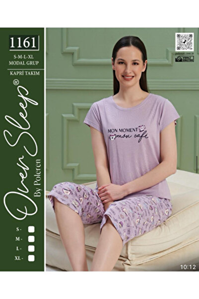 Over Sleep by Poleren Lila Renkli Sıfır Yaka Kısa Kollu Kapri Kadın Pijama Ta...