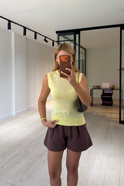 Sezgi Tekin Crew Neck Sleeveless Yellow Slim Knitwear Blouse