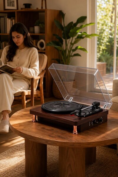 Generic 1 Wood Bluetooth Vinyl Record Player Built In Speakers Usb Rca Line O...