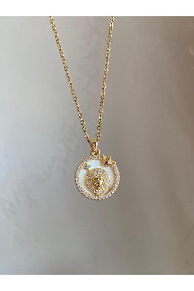 THE HEG JEWELRY Aslan Burcu Madalyon Çelik Kolye Gold Renk – Zirkon Taşlı 40 ...