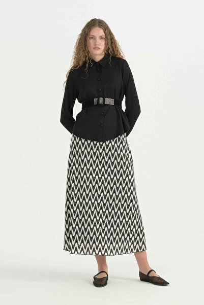Nihan Comfortable Fit Lace Skirted Shirt Set - Black