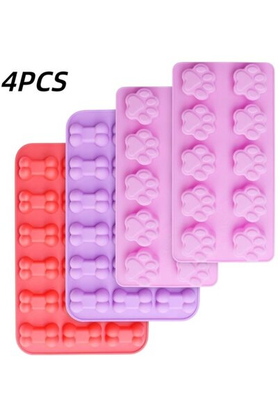 STARSTAR 4-Piece Pink Red Purple Bone Cat Paw Silicone Cookie Cutter Mold Set