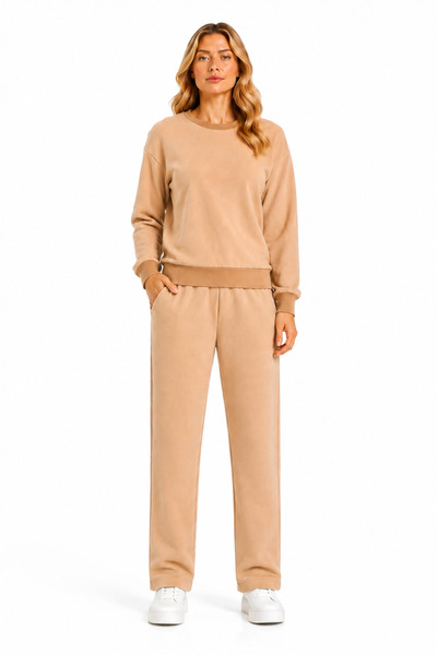 TRENDHİLL Women's Cotton Crew Neck Wide Leg Tracksuit Set Vizon-101
