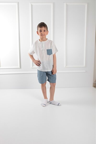 Mulberry Dečački muslin set – prugasta majica kratkih rukava i elastične šort...