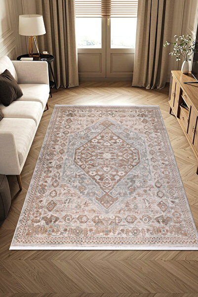 ANTIQUE HOME Vintage Klasik Desenli Krem Gri Halı Polipropilen Hav İpliği Mak...