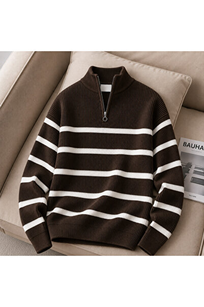 threeoff Men's Premium Ribbed Striped Knitwear Sweater with Half Zipper Moder...