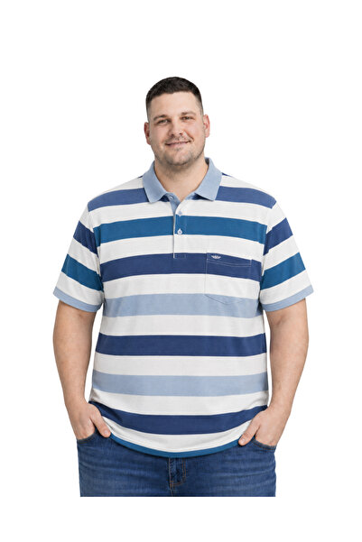 BattalModa Men's Large Size Ice Blue Thick Striped Pique T-Shirt 3Xl-4Xl-5Xl-6Xl