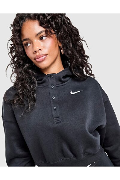 Nike Phoenix Fleece Os Crop Henley Hoodie Kadın Siyah Sweatshirt