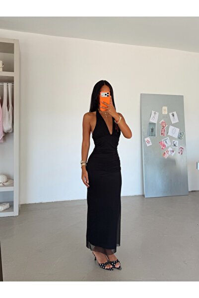 myd Drape Detailed Halter Neck Dress - Black