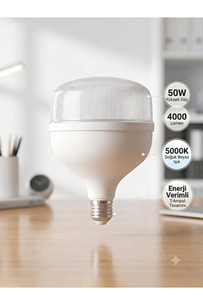 abnturk 50W Yüksek Güçlü LED Ampul - 4200 Lümen Ultra Parlak, 6500K Beyaz Işı...