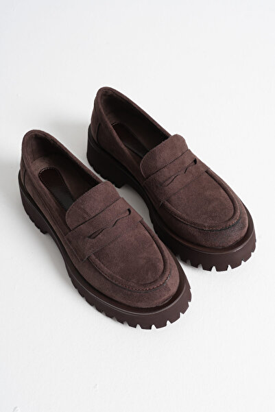 Kadın Acı Kahve Süet 4cm Kalın Tabanlı Loafer Ayakkabı
