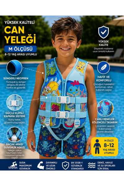 LRS STORE Çocuk Can Yeleği M Beden 8-12 Yaş | Süngerli Neopren Yüzme Yeleği |...