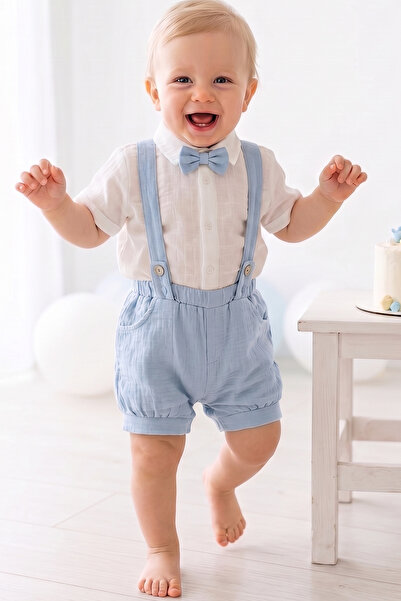 ALYRA Baby Boy Muslin 3-Piece Set Bow Tie Suspender Shirt Shorts Pants 100% C...