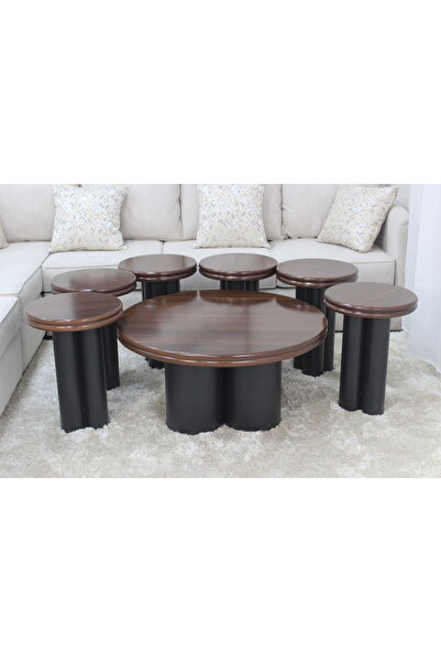 GLAMOURE HOME طقم طاولات خدمة وضيافة مودرن دائري يتكون من 7 قطع (1+6) باللون ...