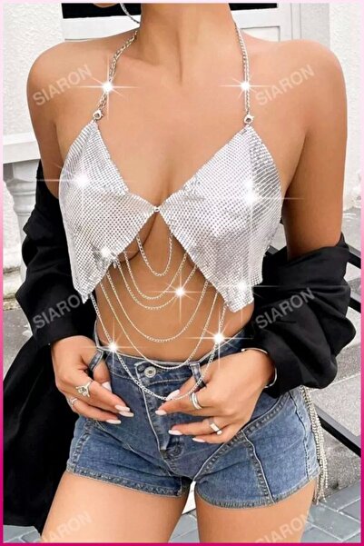 Mariposa Secret Women's Silver Flat Chain Detailed Strap Crop Blouse Metal Te...