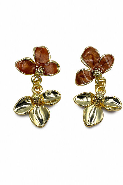 Jack Ferrero Yellow Tone Brown Enamel Flower Figured Dangle Bijouterie Earrings