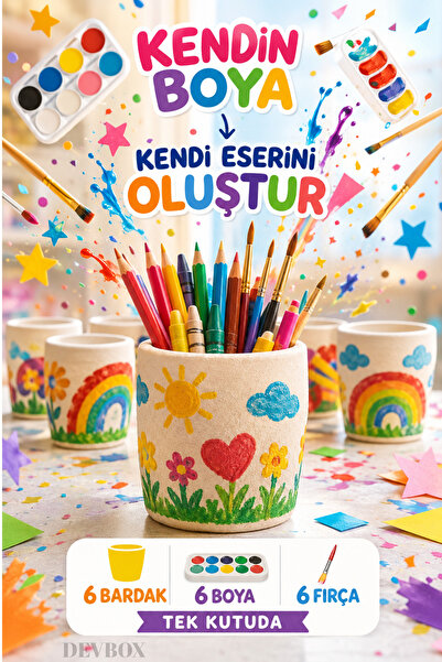 devhome 6'lı Kendin Boya Bardak Seti | 6 El Yapımı Alçı Bardak + 6 Adet Akril...