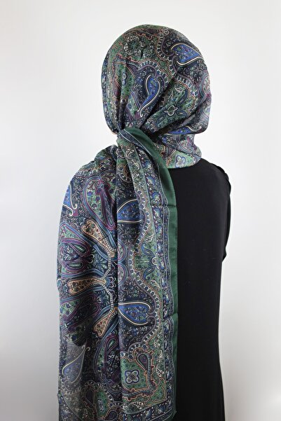 QUM İPEK Ethnic Classic Patterned Thin Cotton Soft Shawl Emerald