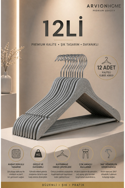arvion home 12 Adet - Gri Ahşap Görünümlü Plastik A Kalite Askı Kıyafet Elbis...