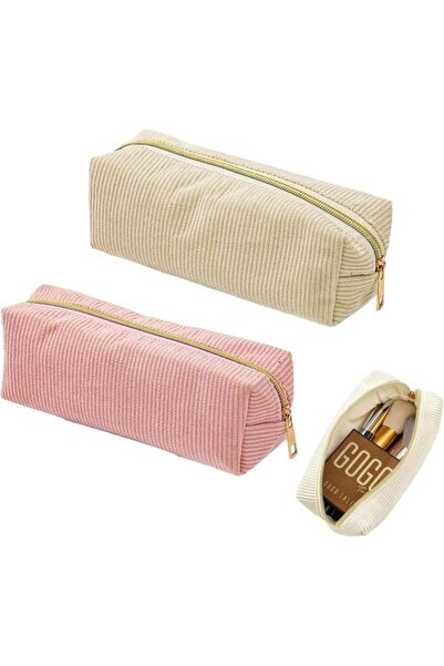 STARSTAR 2-Pack Ribbed Cloth Pencil Cases Stationery Cosmetic Bag Beige Pink ...
