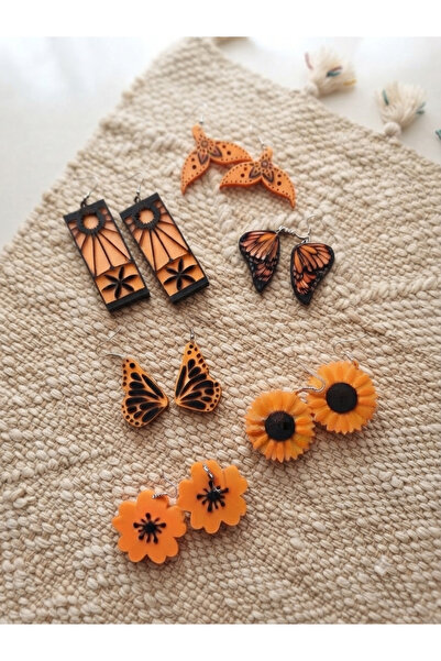 Piyo Design 6 Pairs of Plastic Orange Black Earrings Set