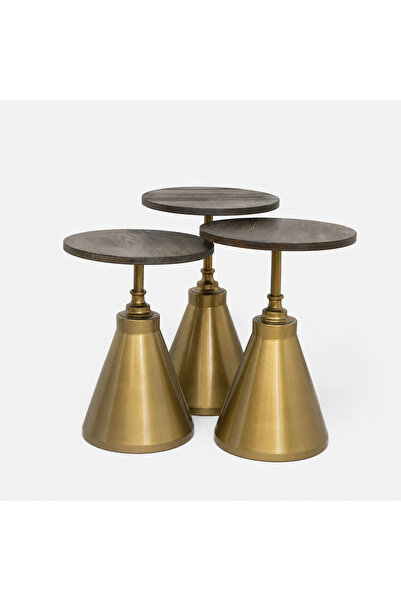 Levon Home İZ Lüks Gold Metal Ayaklı Ahşap Tablalı Üçlü Zigon Sehpa Takımı